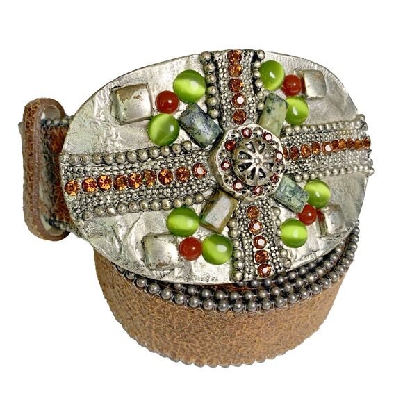 Leatherock 7563 Genuine Leather Belt w/ Gemstone Studded Buckle Boho Western 34M - Picture 11 of 11